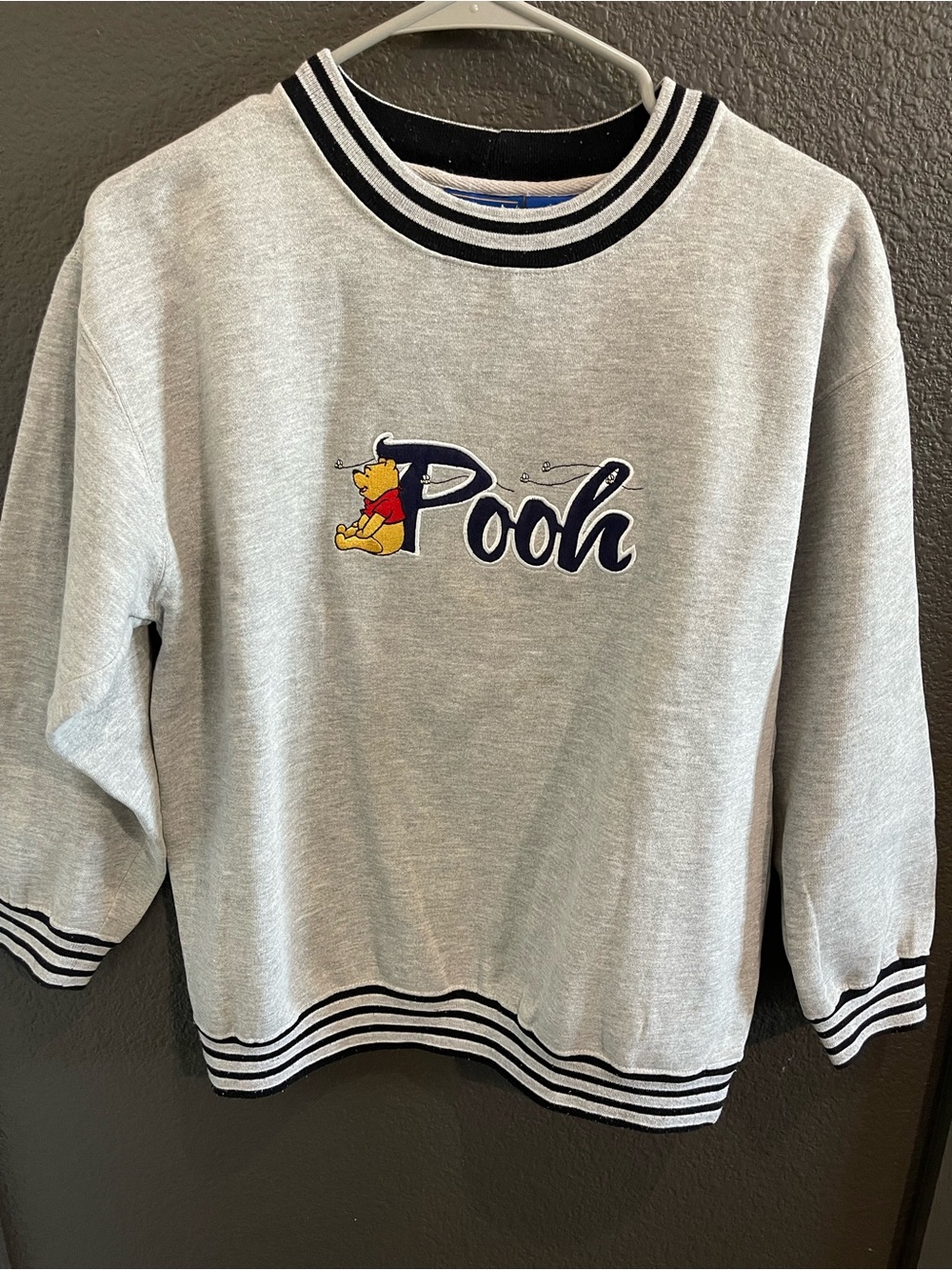 Grey Pooh Crewneck Sweater with Navy Trim